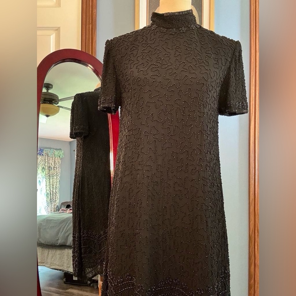 Vintage J Kara Formal Beaded Black Midi Dress